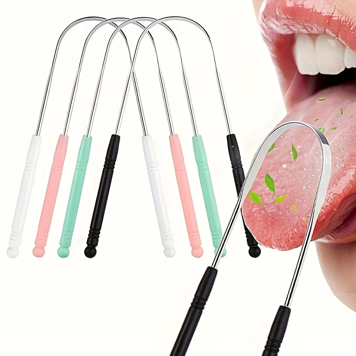 

4pcs Stainless Steel Tongue Scraper with Plastic Handle , Gentle Tongue Cleaning - Men & Women Oral Hygiene Essentials