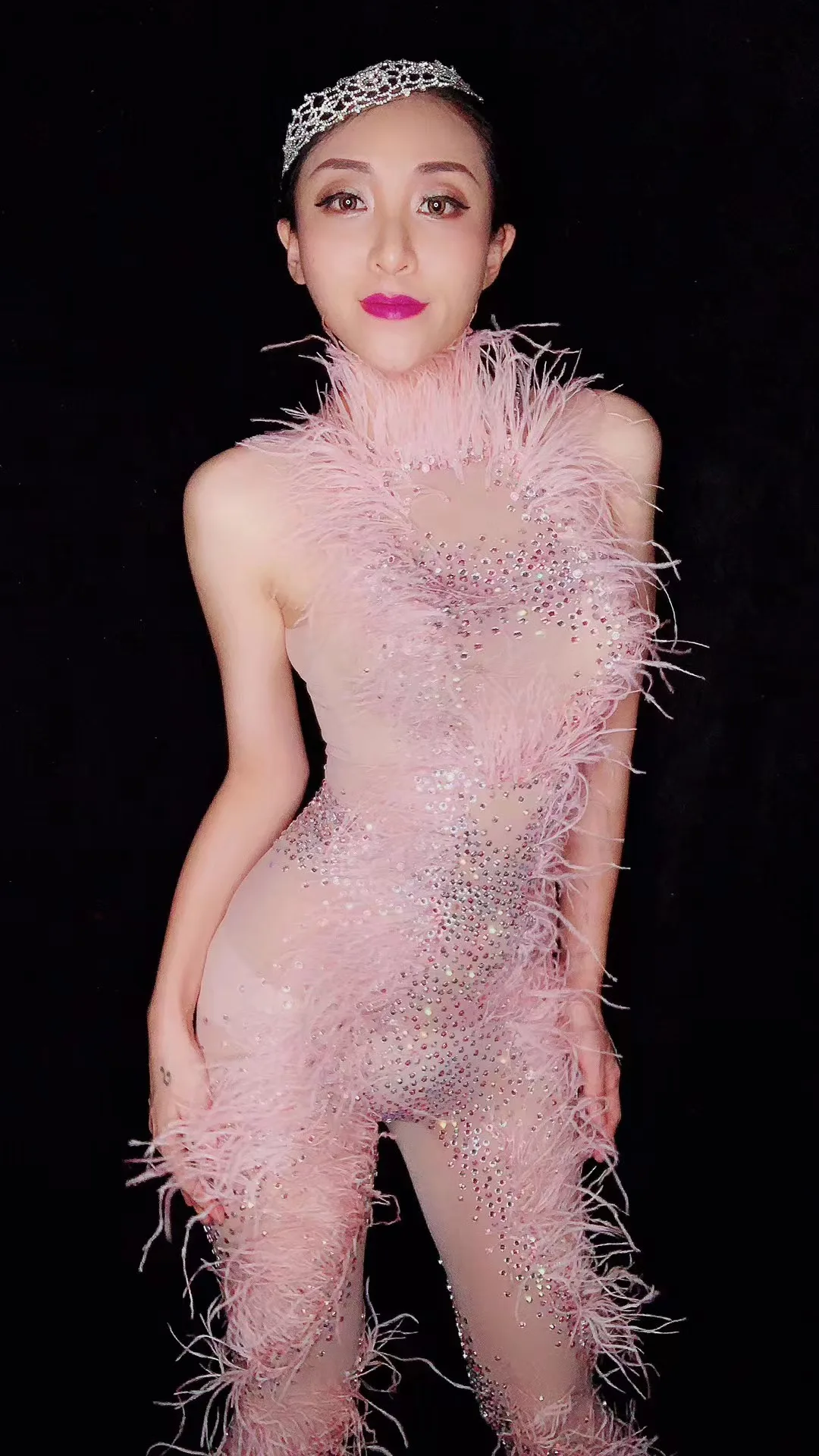 

WomenSexyPinkFeatherPerspectiveMeshJumpsuitBirthdayCelebrateBodysuit womensingerdancerseeпропускная способность