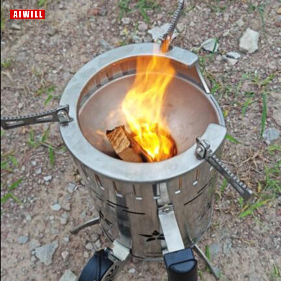 AIWILL Outdoor Wood Burning Stove Stainless Steel Foldable Bracket Firewood Furnace Charcoal Cooker BBQ Electronic Blower Stove