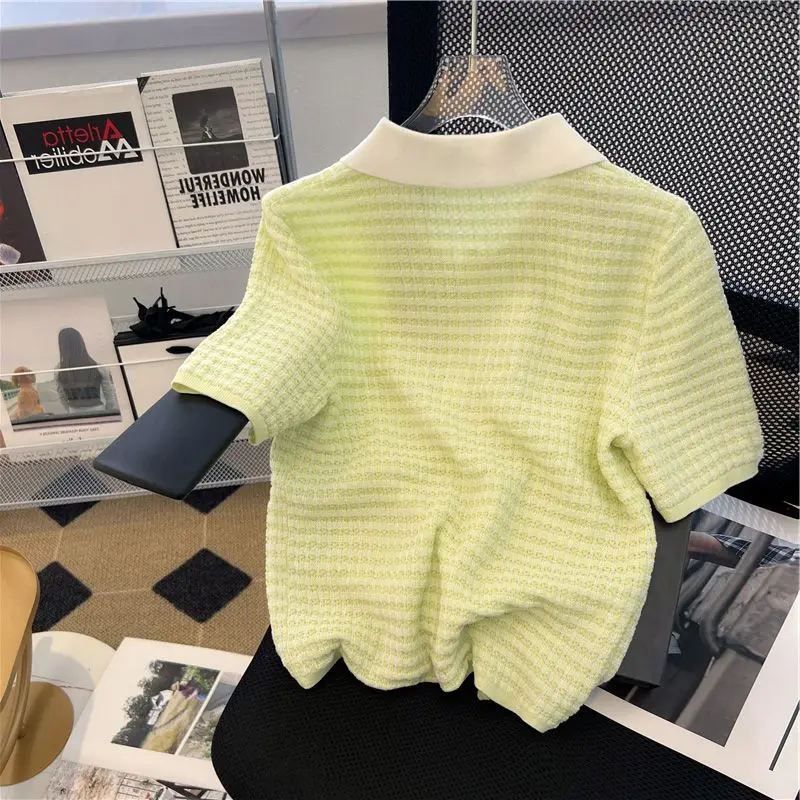 Femme All-match Sweet Patchwork Knitting Turn-down Collar Short Sleeve T-Shirt Summer Refreshing Buttons Loose Thin Cute Top Tee
