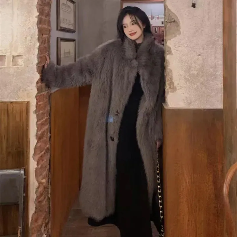 Fall/Winter 2023 New Imitation Fox Fur Jacket Women's Overcoat Fashion Long Loose Thick Warm Parker Coat  Outwear Casaco