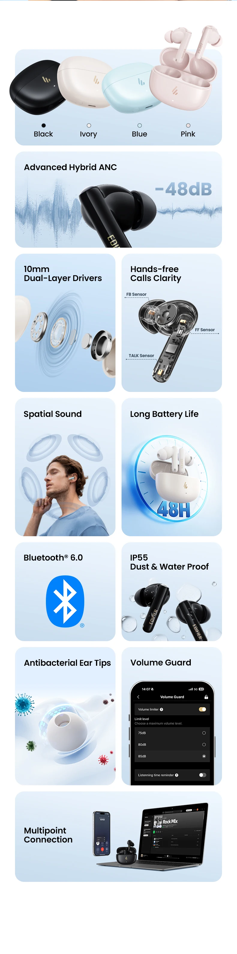 Edifier X5 Pro TWS Ohrhörer mit Hybrid-Aktiver Geräuschunterdrückung -48dB, Bluetooth V6.0, 48 Stunden Akkulaufzeit, IP55, KI-Klarsprechfunktion – Detail 2