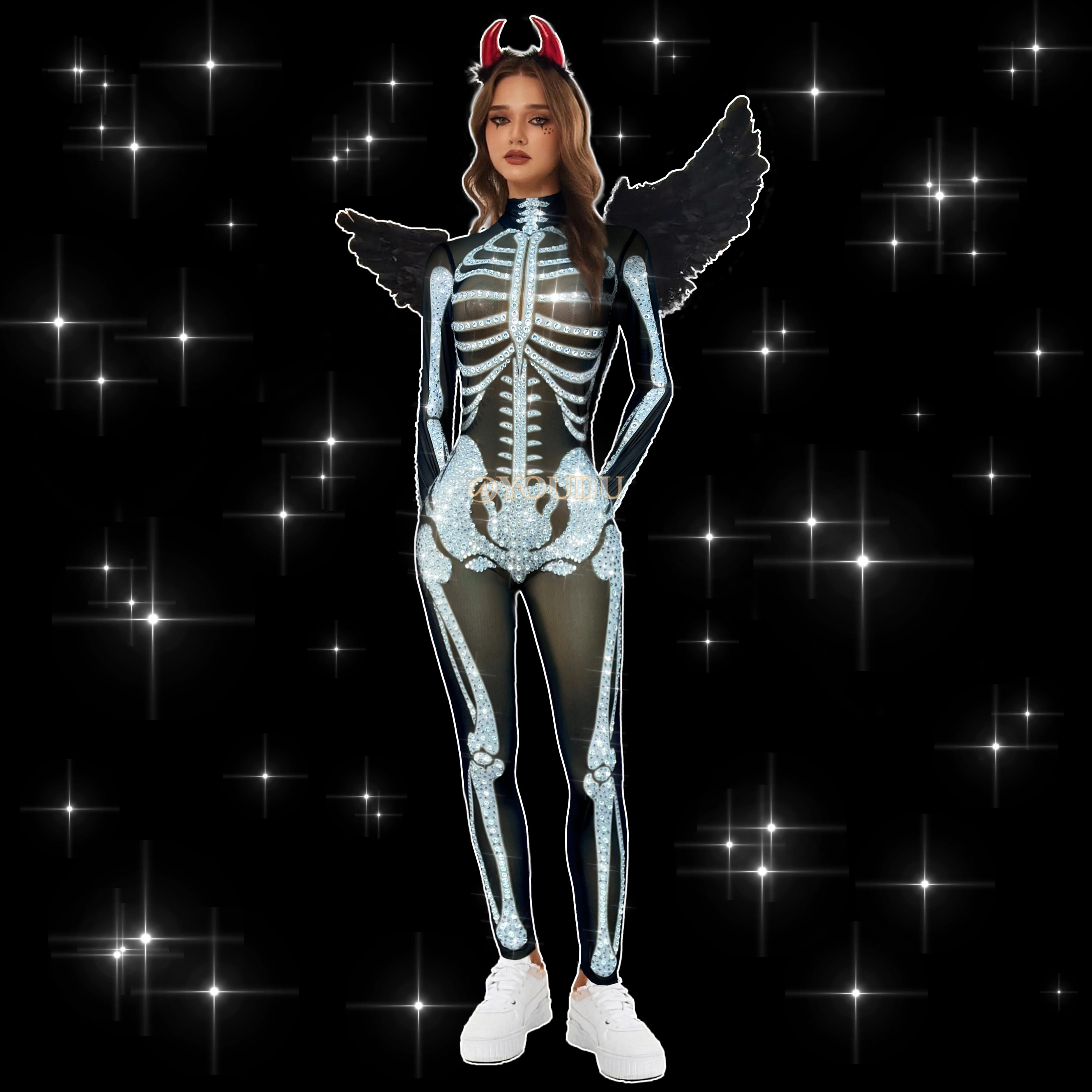 

Костюм на Хэллоуин, мерцающие стразы, сетчатый боди с человеческим скелетом, женский костюм для шоу, вечерние, праздничный танцевальный сценический наряд Xiaogutou