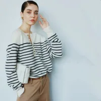 French crew-neck sweater Women's half-open neck breasted horizontal striped long sleeve pullover cashmere sweater loose knit top - Image 3
