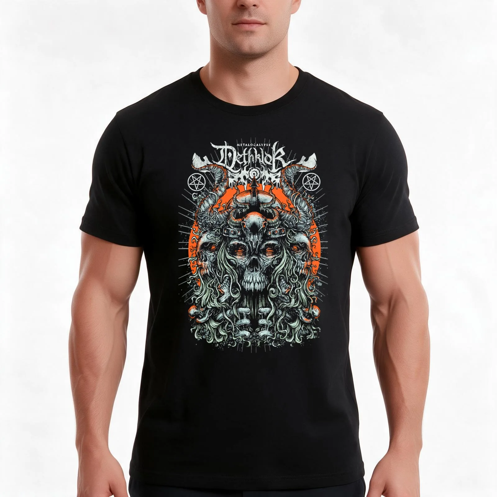 Dethklok - Skulls T-Shirt, Summer Casual Cotton Tee, Oversized Streetwear Tops, Vintage Graphic Print, Loose Fit Short Sleeve