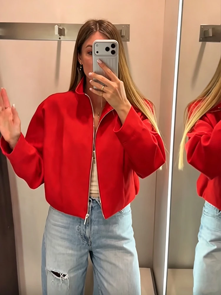 Vintage Rote Kurze Jacke mit Hoher Taille für Damen, Schicker Reißverschluss, Lange Ärmel, Stehkragen, Locker Sitzender Mantel, Herbst Damen Alltags-Streetwear Neu – Detail 6
