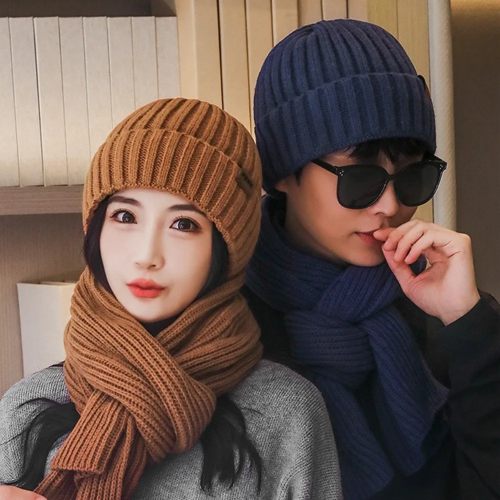 

2Pcs Set Fashion Windproof Knitted Hat Scarf Plush Thicken Men's Hat Simple Soft Warm Scarf Outdoor