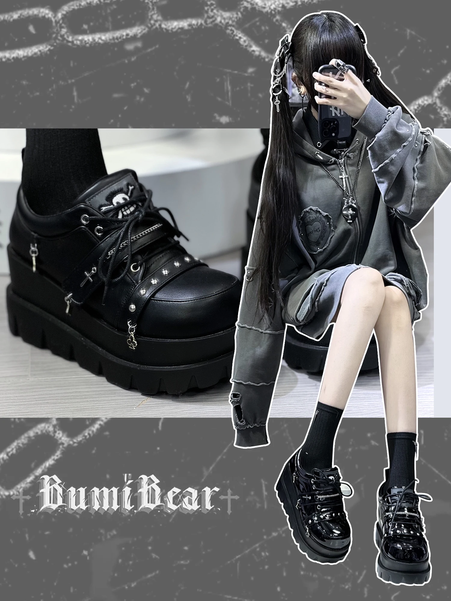 이상한 대학 Y2k 하위 문화 매운 소녀 두꺼운 밑창 신발 펑크 스타일 스폰지 케이크 라운드 발가락 싱글 신발 로리타 소녀