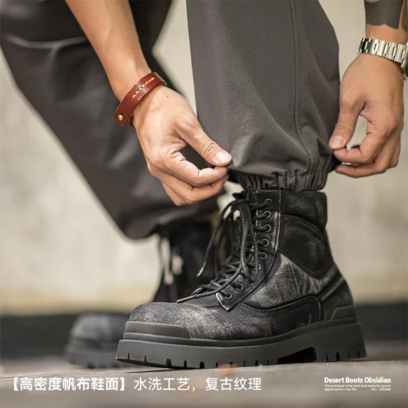 Maden Vintage Shoes Wash Work Boots 2023 Winter New Mid Top British Style Shoes Black Casual Short Boots