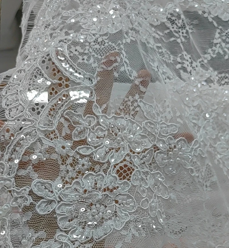 3Yards and 1.5Yards,Transparent Sequin and Pearls Embroidered Fabric New. French Cord Lace Fabrics for Wedding Dress Bridal