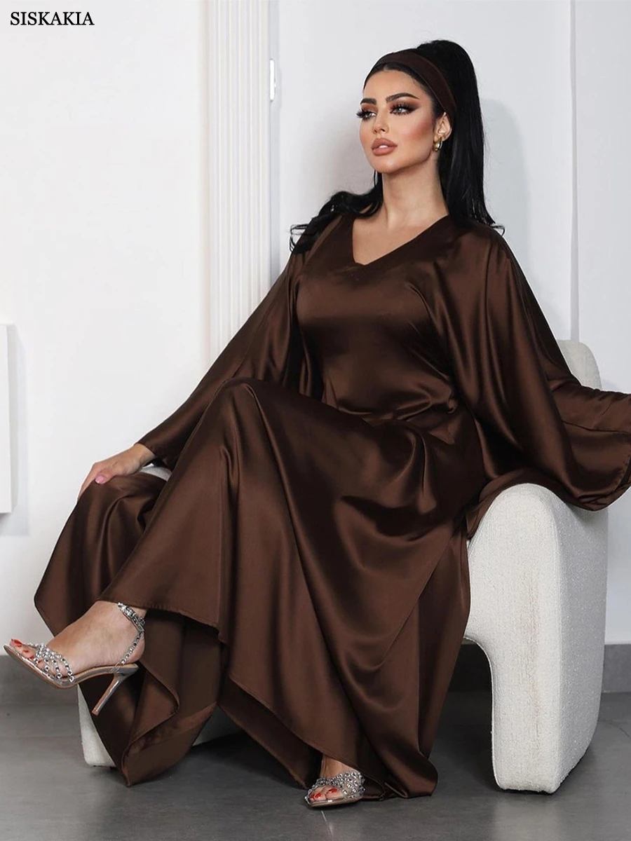 Siskakia Fashion Solid Open Abaya Long Sleeves V-Neck Satin Dress Elegant Casual Muslim Dubai Moroccan Kimono Clothing