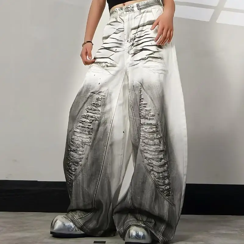 Distressed Three-dimensional Cat-whisker Design White Jeans Unisex Aesthetic Long Pants For Couples Streetwear Hiphop Denim Men