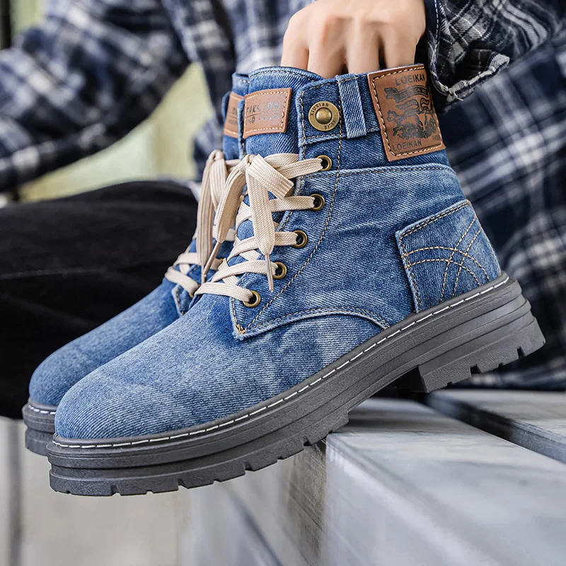 

Fashion Mens Ankle Boots Designer Denim Men Work Boots Outdoor High Top Men Casual Shoes Handmade Walking Sneakers Size 39-48