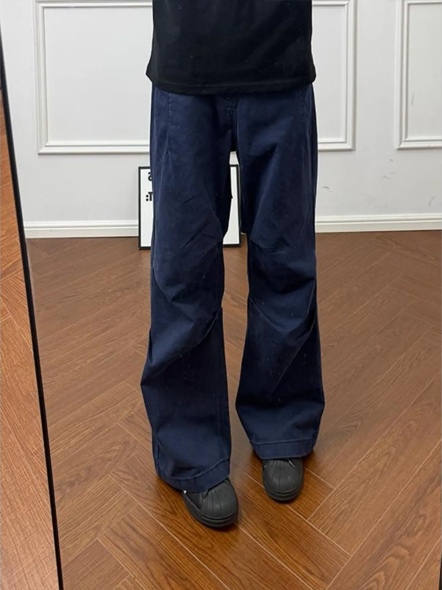 Vintage French Workwear Blue Pleated Men's Jeans American High Street Retro Denim Pants Deconstructed Design Sensation Trousers