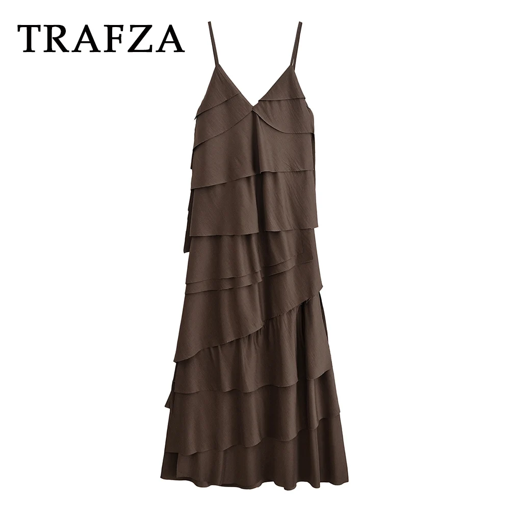 

TRAFZA Chic Tierred 2025 Summer Woman Dress Sexy Camisole Long Backless Vestidos Fashion Sexy Solid Loose Mujer Elegant Dress