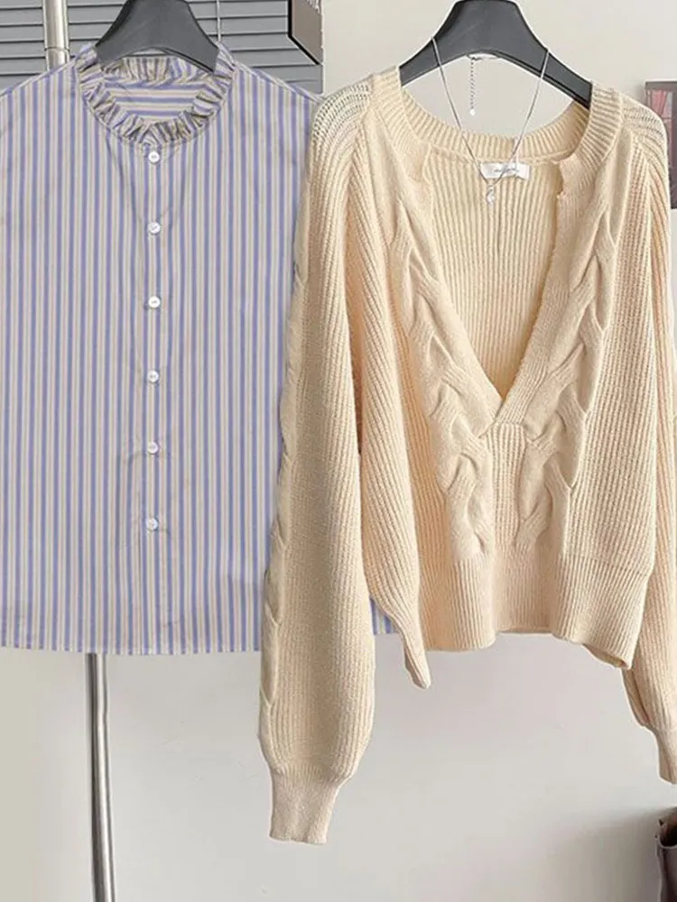 Set top gilet lavorato a maglia a righe casual e confortevole, due pezzi, design antietà coreano Sle Commute Faion