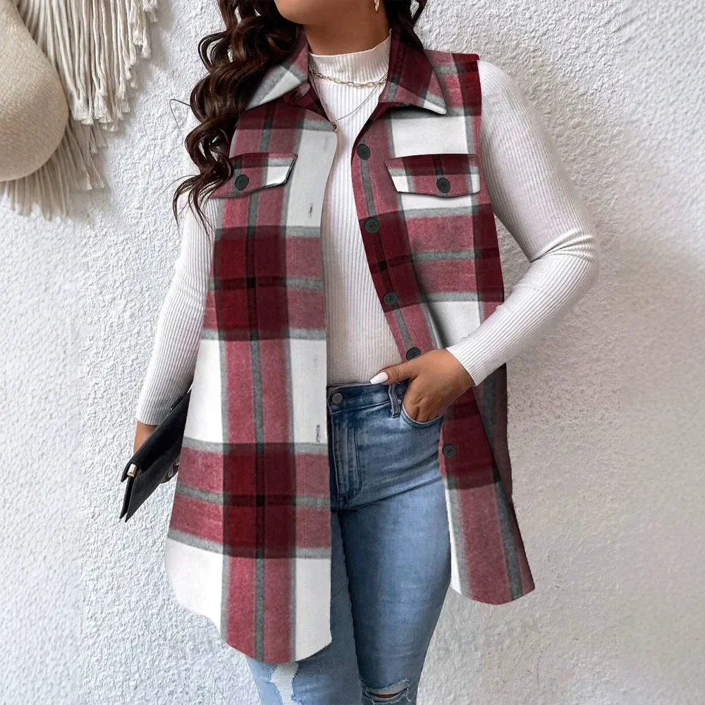 

Sleeveless Cardigan Women Vest Fashion Coat Elegant Fashion Casual Plaid Flap Detail Jacket Female 2024 Autumn Winter Spring New