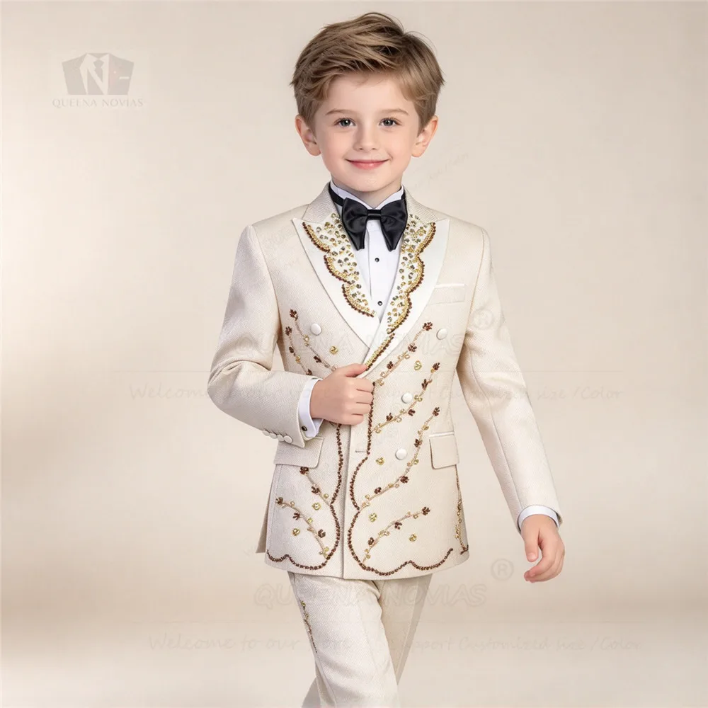Traje de niño para bodas, exclusivo, con adornos de pedrería, chaqueta de doble botonadura y pantalones, conjunto de dos piezas, ideal para cumpleaños, ceremonias y fiestas, estilo esmoquin.