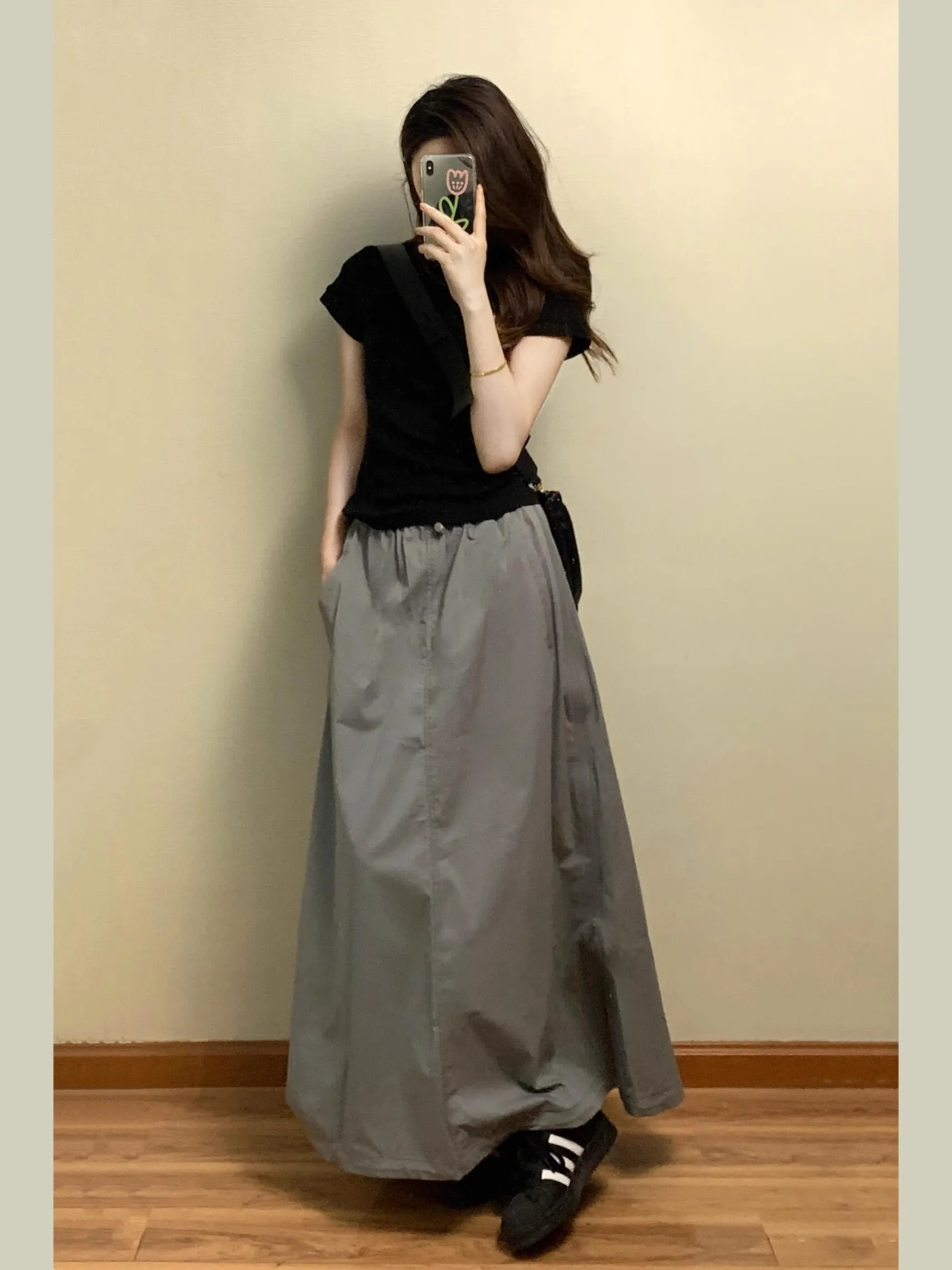 

Ele Deep ey A-Line Workwear Skirt Women's High Waist Slimming Fulln Summer New Sle Commute Pure Color Casual