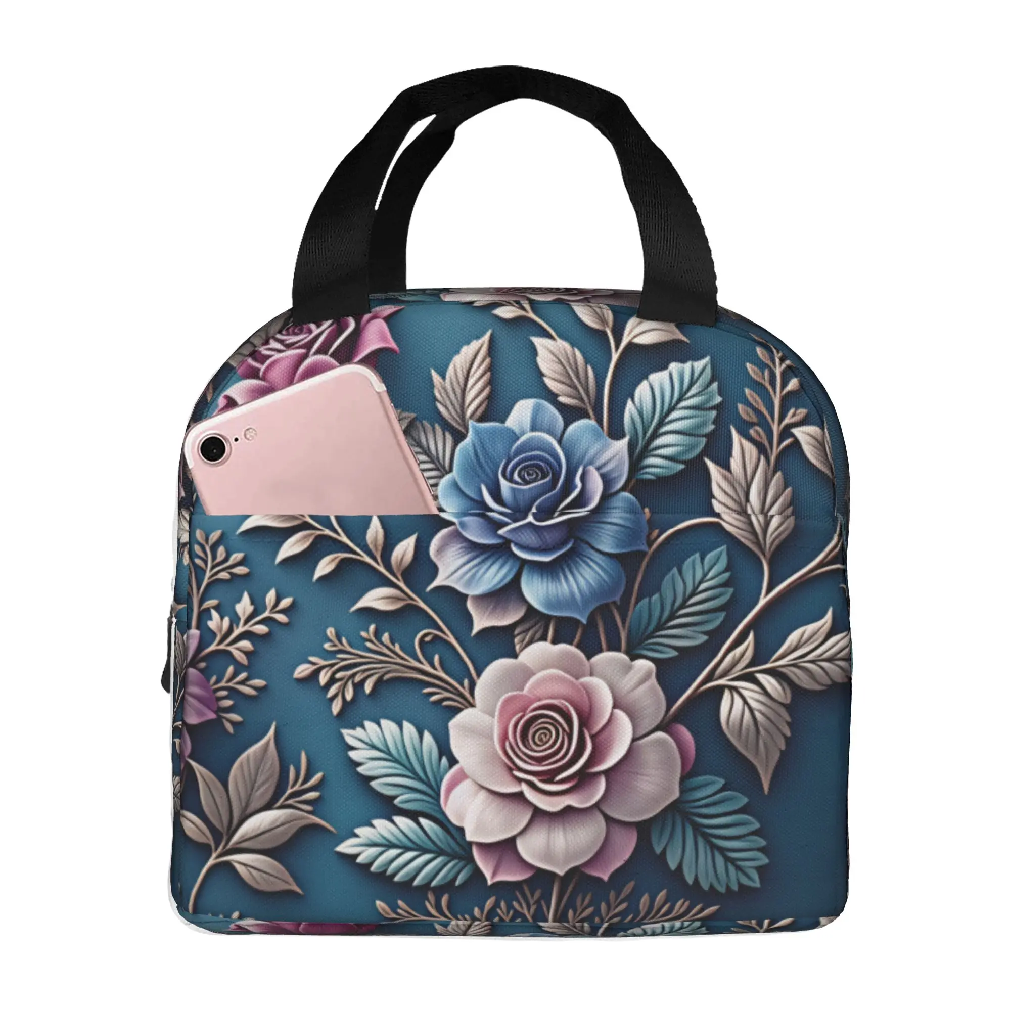 Fashion Trend 3D Flowers Insulated Lunch Bag for Women Leakproof Luxury High 3D Floral Cooler Thermal Lunch Box Beach Camping