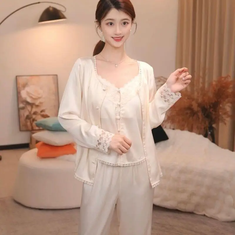 

New Hot Miss Chestnut 3Pc Loungewear Set Antibacterial Lace Women's Summer Home New Thin Long Sleeve Strapless Style Sleepwear