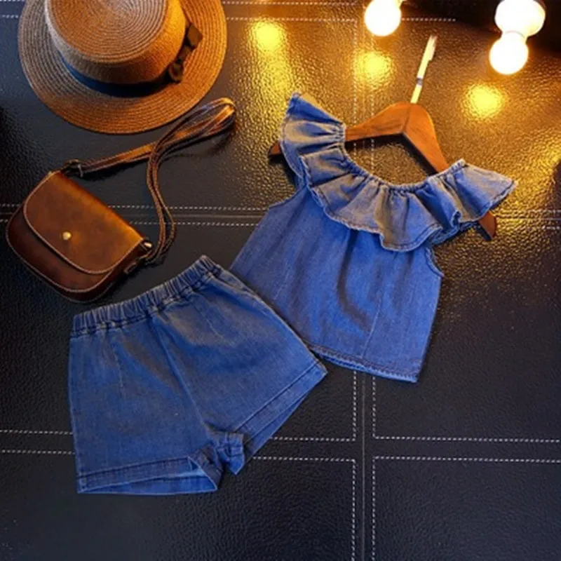 Children's Clothing Wholesale Girls' Set Off-Shoulder Flutter Sleeve Top with Shorts25Summer New Fashion Foreign Trade3-8Years O