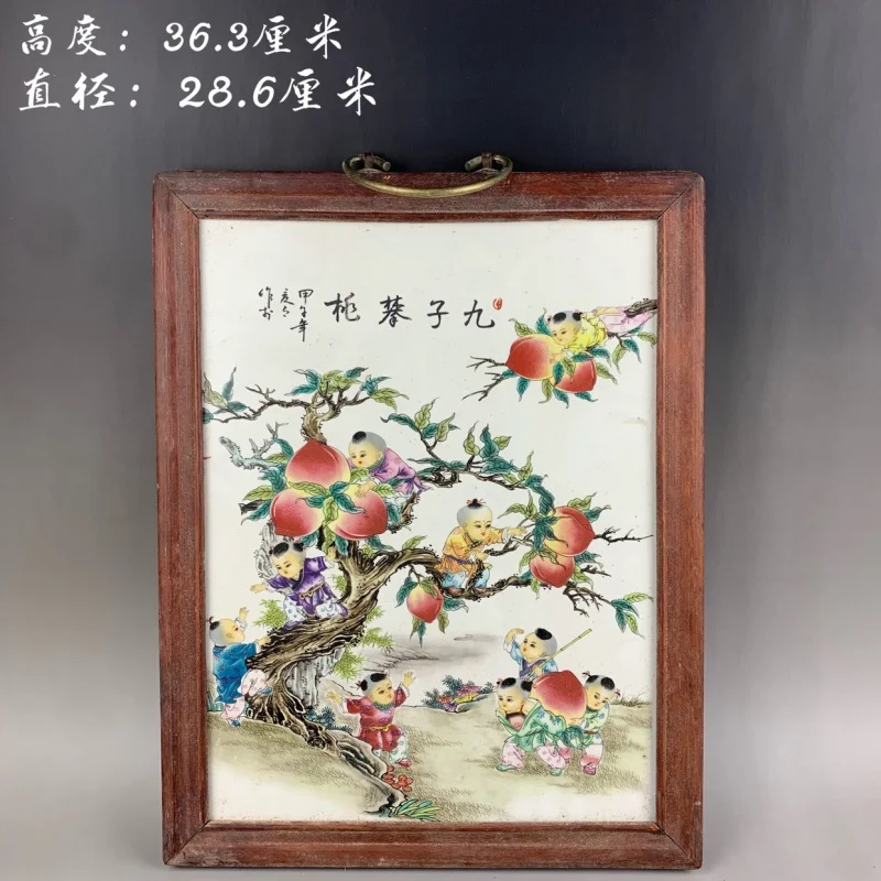 Republic of China Pastel Jiuzi Peach Climbing Porcelain Board Painting Antique Antique Collection Hanging Panel Decoration Antiq