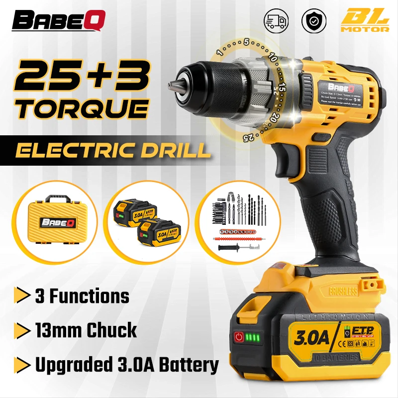 

BABEQ 13mm Brushless Electric Drill 25+3 Torque Cordless Impact Drill Electric Screwdriver Ice Breaking for Makita 18V Battery