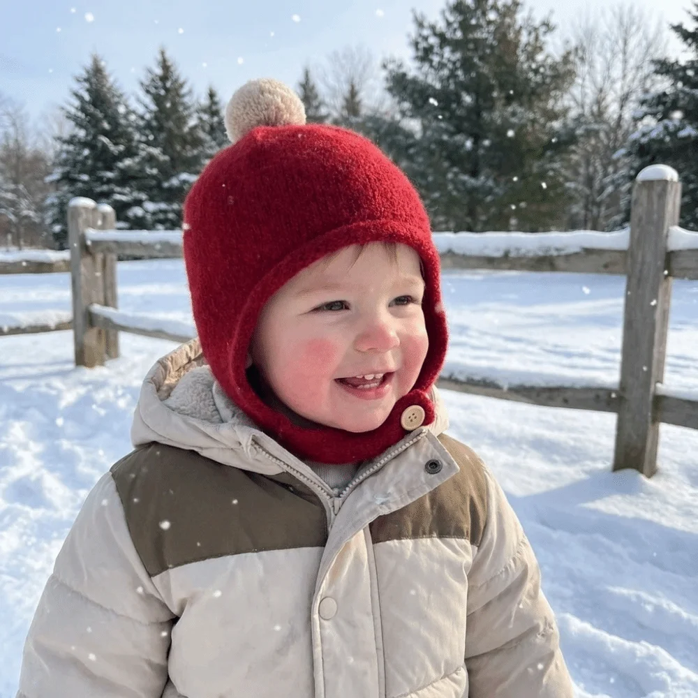Anti-cold Cat Ear Baby Beanie Cap Pompom Breathable Toddler's Knitted Hat Solid Color Crochet Ear Protection Hat Winter