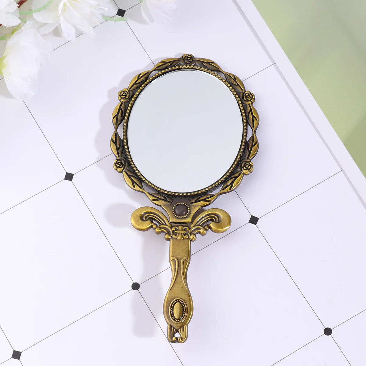 Vintage Folding Small Handle Mini Makeup Mirror Oval Pocket Mirror Bronze Color Travel Supplies for Women Girls