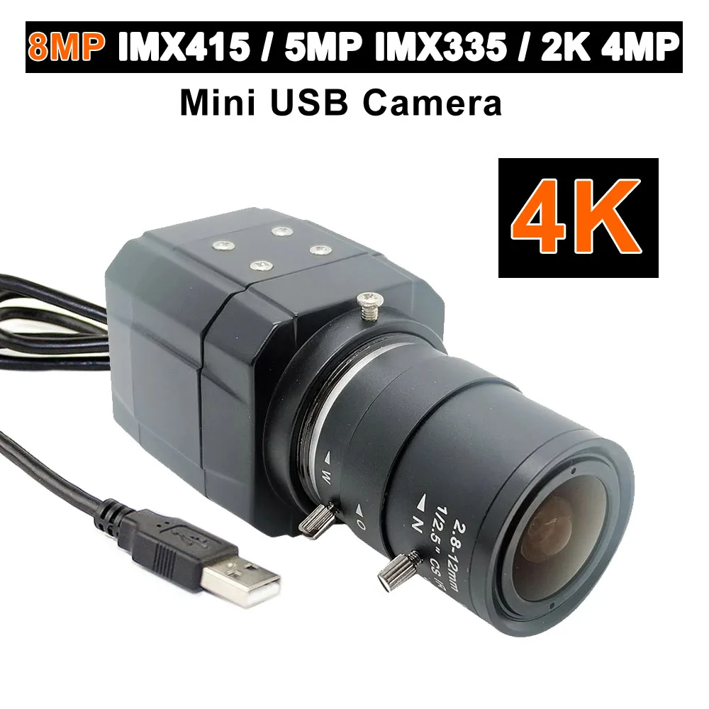 HD 8MP IMX415 / 5MP IMX335 / 2K 4MP USB Mini Webcam 30fps With 6mm 2.8-12mm Varifocal CS Lens UVC OTG PC Video USB Camera