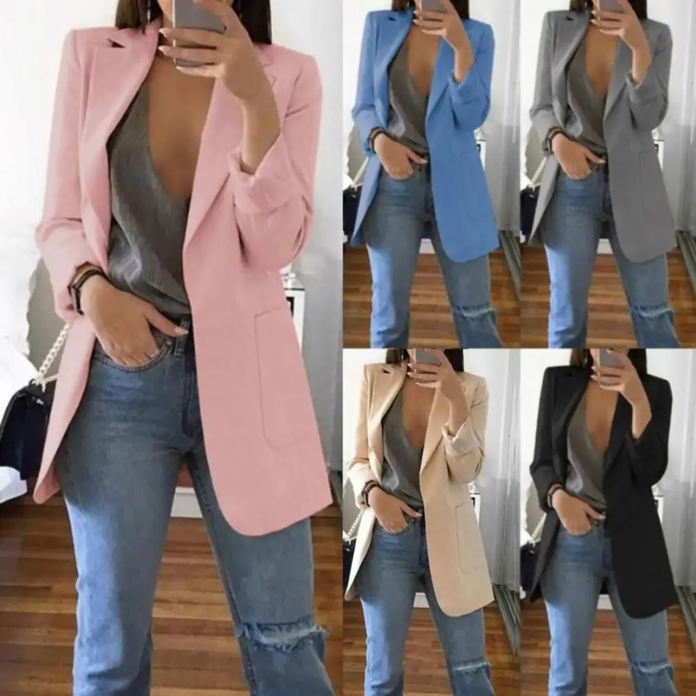 Comfortable  Women Blazer Solid Color Modern Women Blazer Long Pocket Design Coat for Business