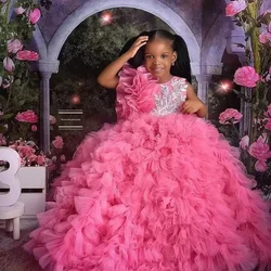 Customized Luxury Flower Girl Dresses for Wedding Ruffles Sequins Floor Length Tiered Girl Birthday Party First Communion Gowns