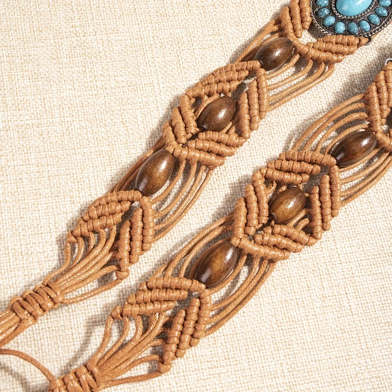 Turquoise Inlaid Braided Belt Boho Hollow Out Wax Rope Waistband Vintage Decoration Dress Girdle For Women