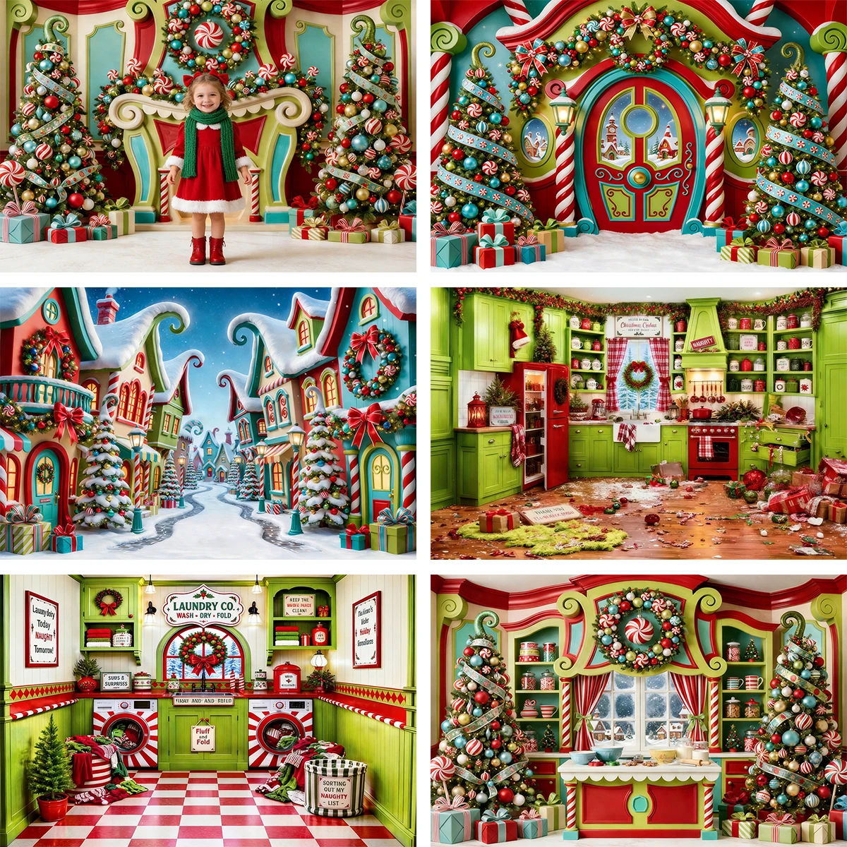 Whimsical Candy Cane Christmas Green Red Town Kitchen Fireplace Laundry Winter Cartoon Kids Family Portrait Photo Backdrop