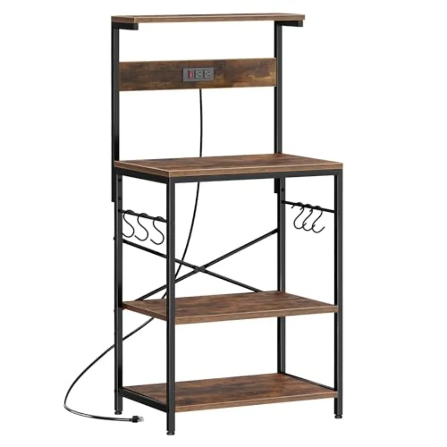 

Kitchen Bakers Rack with Power Outlet, Coffee Bar Table 4 Tiers, Kitchen Microwave Stand with 6 S-shaped Hooks, Storage Shelf R