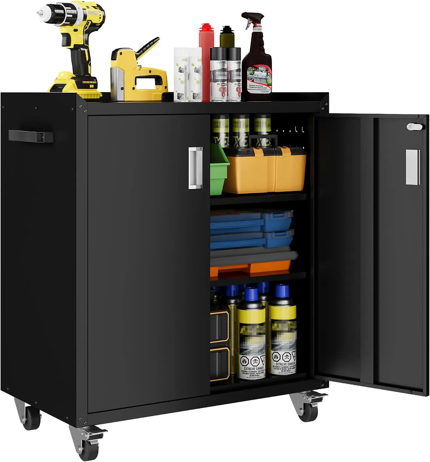 Rolling Metal Storage Cabinet with 4 Swivel Casters, 2 Adjustable Shelves & Side Hooks for Garage, Workshop, Office, Home