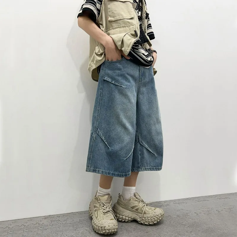 Men's Summer Denim Cargo Shorts Vintage Elastic Straight Wide Leg Baggy Jeans Y2K Casual Short High Street Loose Versatile Jorts