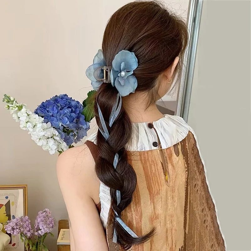 Elegant Floral Orchid Hair Claw Clip Vintage Ribbon Long Tassel Hairpin Barrettes Girl Korean Ponytail Hair Accessories Headwear