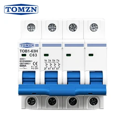 TOMZN 4P AC MCB TOB1-63H C type 230/400V~ 50/60Hz Mini Circuit Breaker 3A 6A 10A 16A 20A 25A 32A 40A 50A 63A