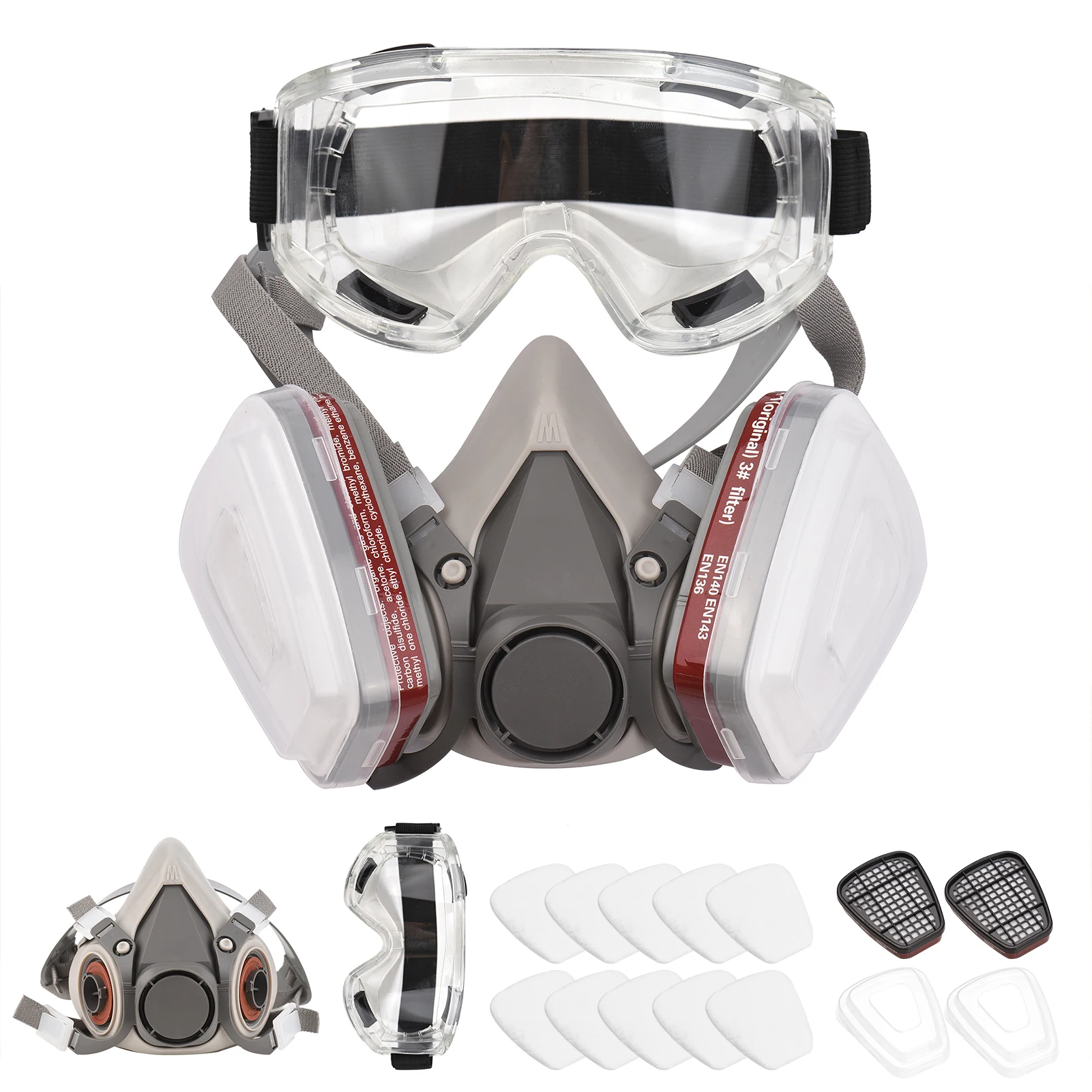 Reusable Respirator Half Facepiece 6200 Gas Mask Breathing Protection with Safety Goggles for Welding Polishing Woodworking