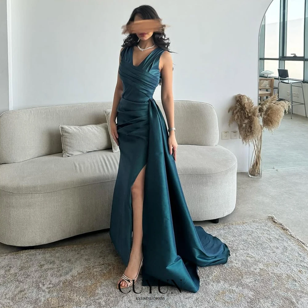 

CUYUN V-Neck Sleeveless Satin Evening Dresses Customzied Elegant Side High Slit Sexy Party Gown Women Formal Occasion Dresses
