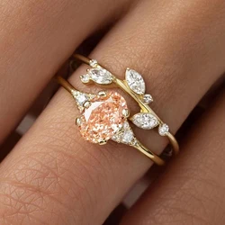 Huitan Champagne CZ 2Pcs Women Rings Aesthetic Wedding Accessories Gold Color Exquisite Leaf Rings Party Fashion Jewelry Sets