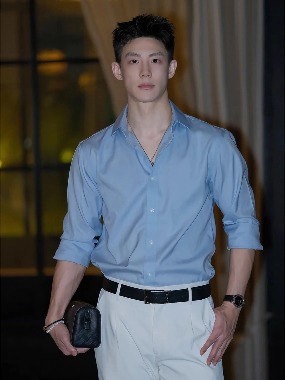 

Blue Long Sve irt Men's Briti Sle Commute Workwear Casual Chic Inner irt for Office And Commuting High-End Feel