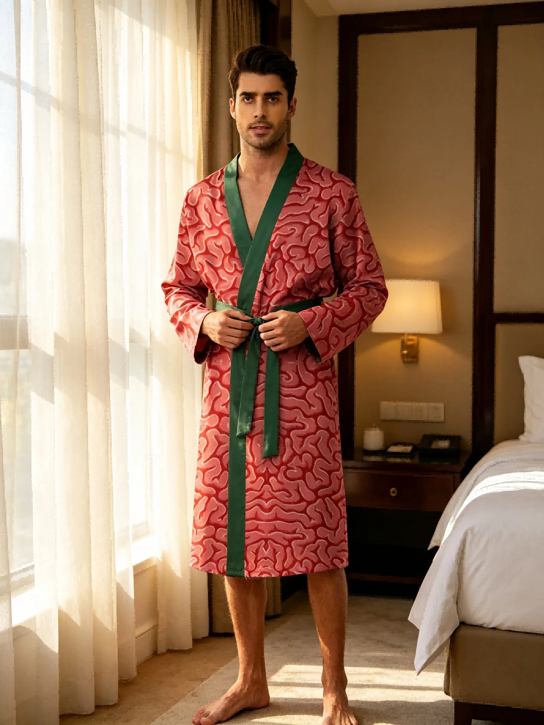 Men's lightweight quick-drying pajama bathrobe - 3D digital printing, non-fading design, stand-up collar and adjustable waistban