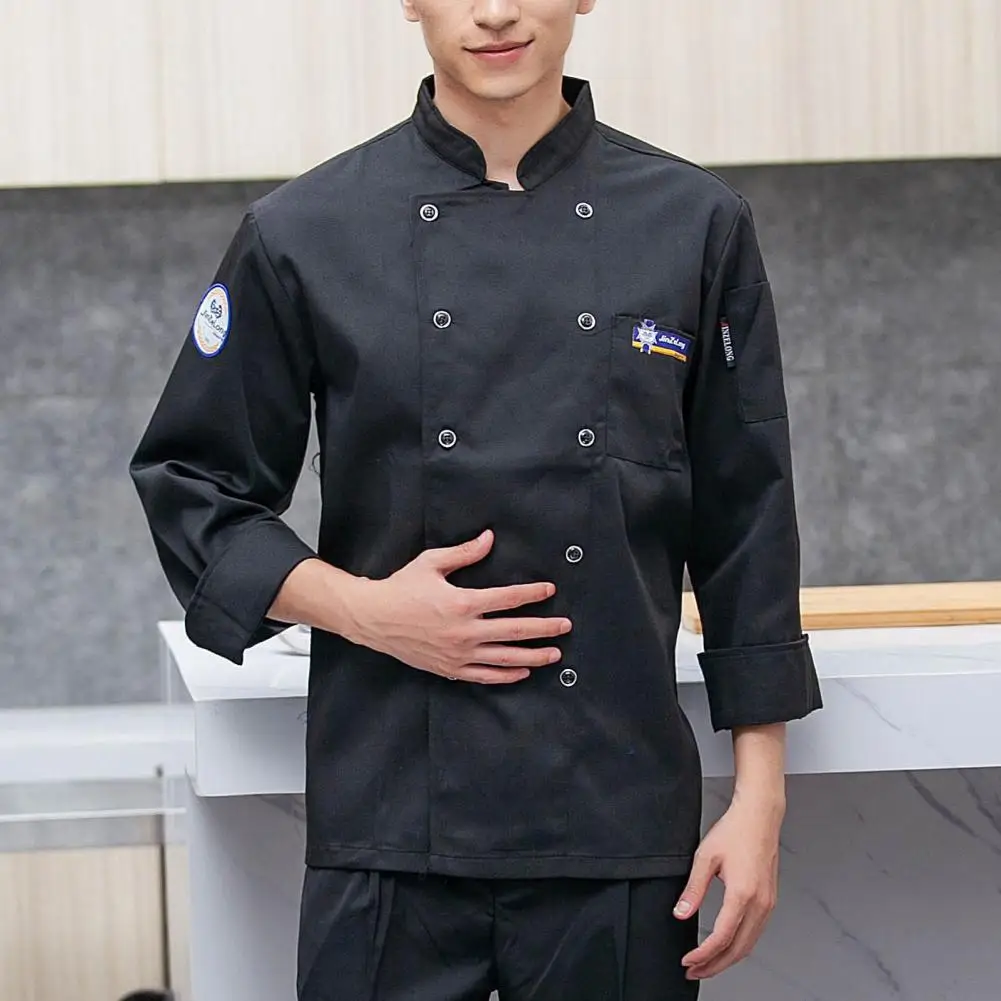 Chef Top cor sólida bolso manga comprida leve trespassado cozinhar Stand colarinho Plus Size mangas compridas uniforme de cozinheiro Adu