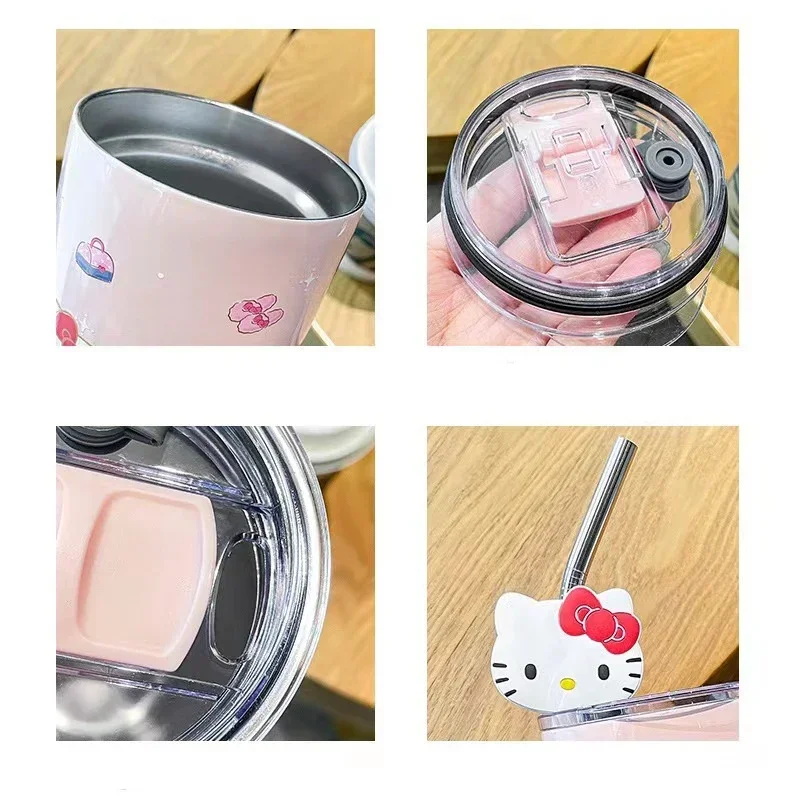 Sanrio Kawaii Hello Kitty Water Cup Cartoon 600ml Stainless Steel Straw Coffee Cup Kuromi Large Capacity Thermos Cups Cute Gifts