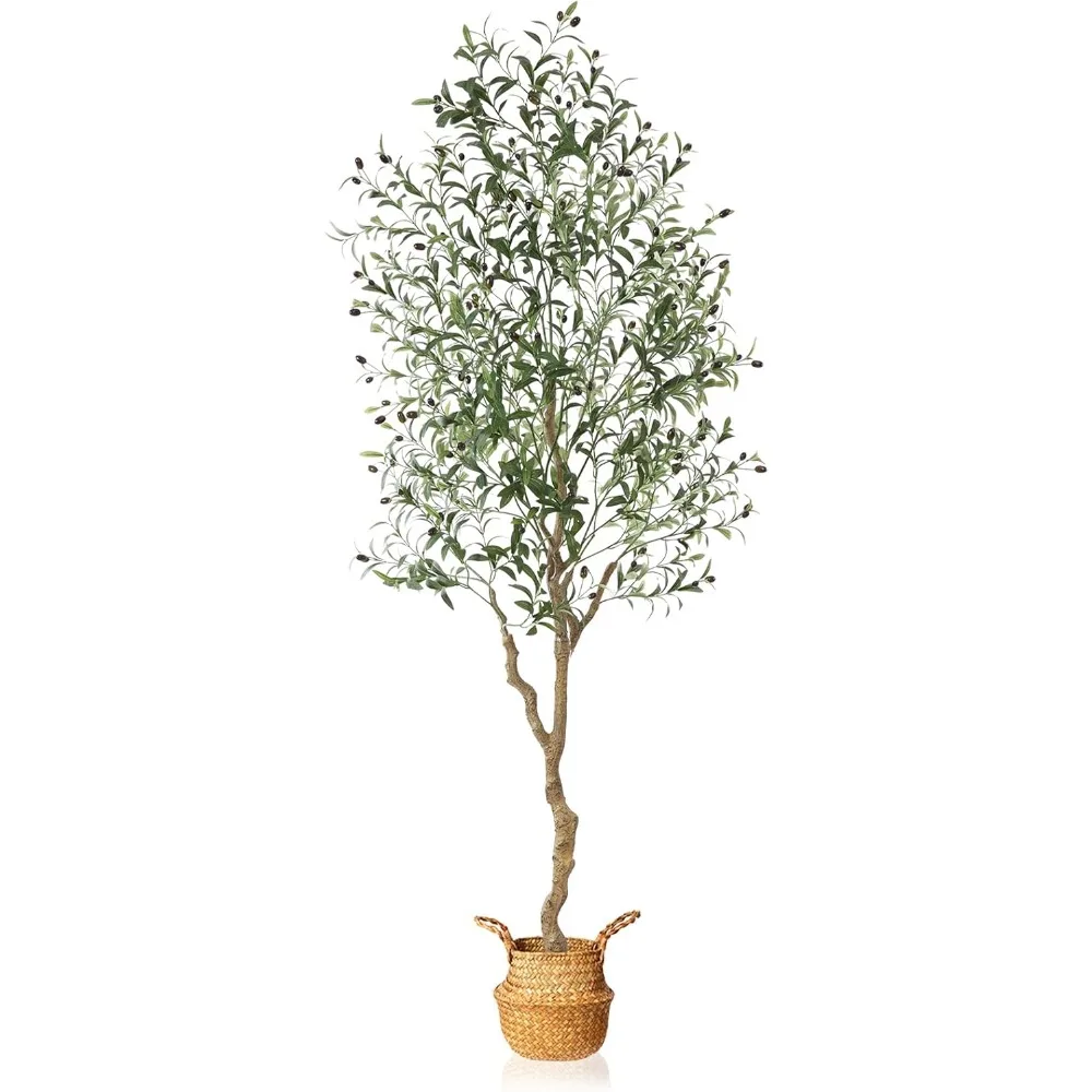 Oliveira artificial de 7 pés com folhas de seda e cesta de ervas marinhas artesanal, topiária falsa alta ideal para decoração de casa