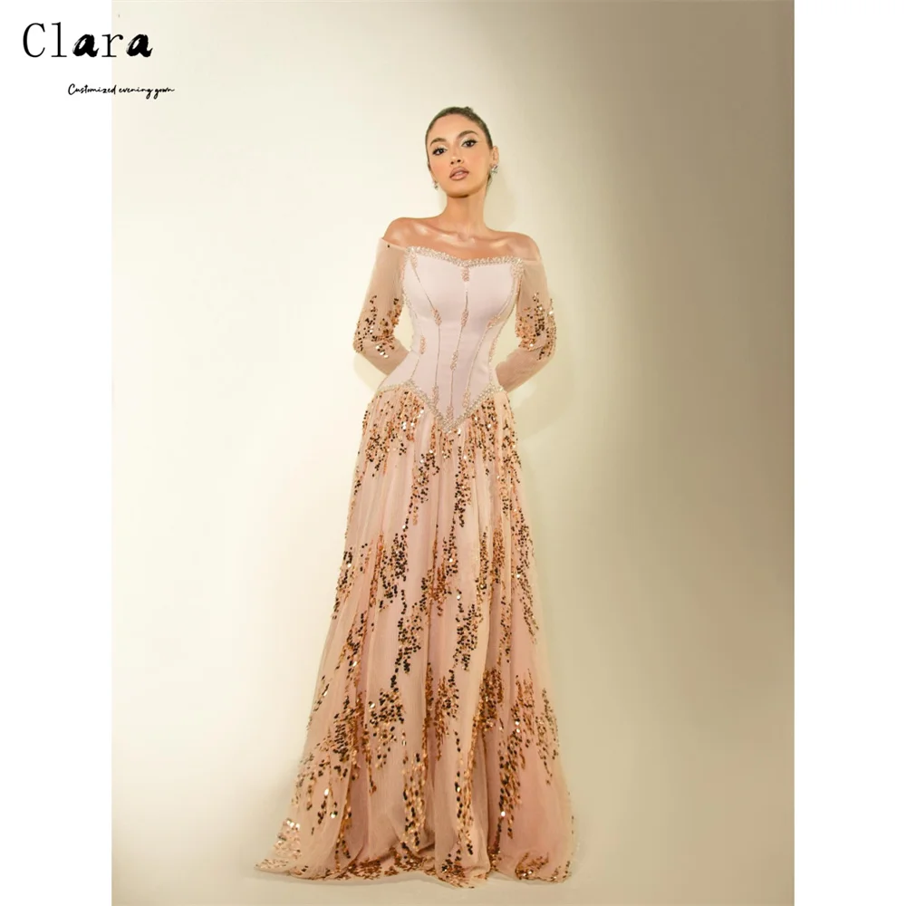 

Clara Custom Champagne A-line Long Sleeve Off-shoulder Women's Evening Dress for Weddings Elegant Party Evening Dresses 2026