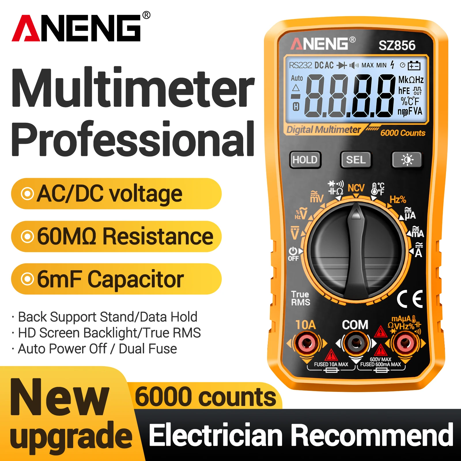 ANENG SZ856 Digitales Multimeter 6000 Anzeigen AC/DC Spannung Strom Widerstand Kapazität Frequenz Temperatur NCV Durchgangsprüfung Summer